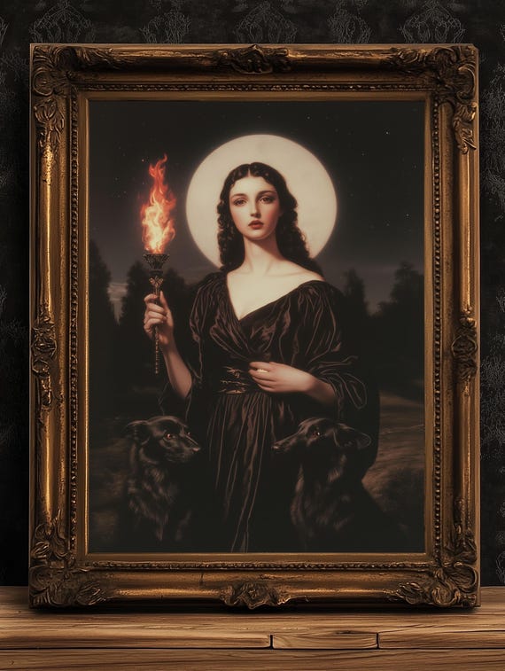 Hecate Greek Goddess Poster, Triple Moon Goddess Painting Print, Whimsigoth Decor Hekate Goddess Wall art, Witchy Dark Academia Print