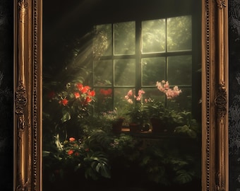 Arte vittoriana in serra, stampa botanica scura, decorazione da parete per giardino gotico, poster Moody Cottagecore, stampa di natura morta con orchidee floreali scure
