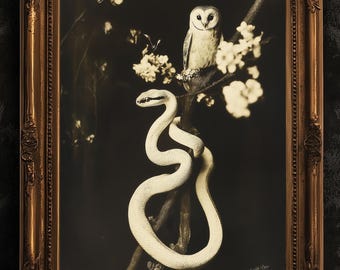 Vintage Owl and Snake Art Print - Dark Academia Aesthetic, Gothic Nature Wall Decor, Mysterious Animal Poster, Antique Black and White Print