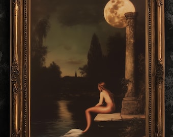 Moonlit Mermaid On a Dock, Whimsical Cozy Bathroom Decor, Whimsigoth Decor, Dark Romance Fantasy Print, Dreamy Floral Decor for Book Lovers
