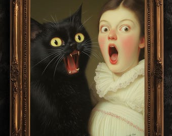 Funny Cat and Woman Art Print, Victorian Humor, Weirdcore Decor