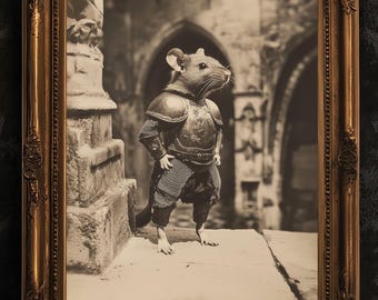 D'artagnan, Vintage Rat Knight Wall Art Hanging, Medieval Mouse Warrior Print in Armor, Castlecore Poster, Rat Lover Gift