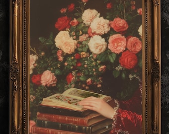 Roses And Books, Dark Academia Decor, Victorian Gothic Bookish Print, Book Lover Gift, Vintage Library Art, Reading Nook Poster