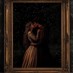 Plakat „Medieval Lovers Kiss”, wystrój Whimsigoth, romantyczna sztuka ścienna Dark Fantasy, wydruk pary Castlecore Starry Night, prezent książkowy