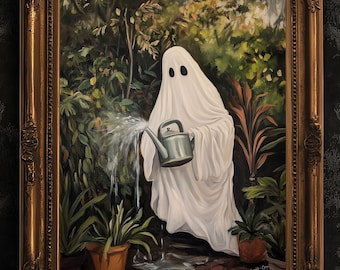 Cuadro de fantasmas para amantes de las plantas de interior, póster vintage, impresión artística, Dark Academia, fantasma inquietante, regalos de decoración artística extraña