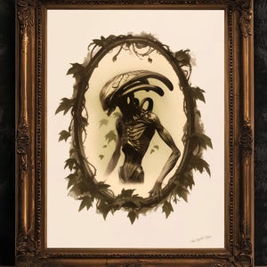 Vintage Gothic Xenomorph Art Print - Alien Horror Wall Decor, Sci-Fi Gothic Aesthetic, Dark Fantasy Poster, Retro Futurism Wall Art