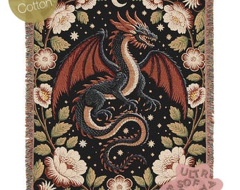 Medieval Floral Dragon Large Wall Tapestry Blanket, Mythical Fantasy Woven Wall Art Throw, Forest Castlecore Whimsigoth Cottagecore Decor