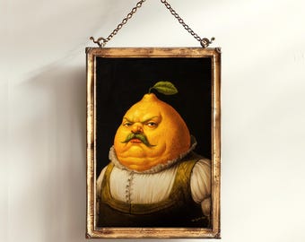 Lemon Print Poster, Digital Download, Antique Citrus Fruit Art Print, Surreal Renaissance Food Portrait Painting, Quirky Weird Kitchen Decor