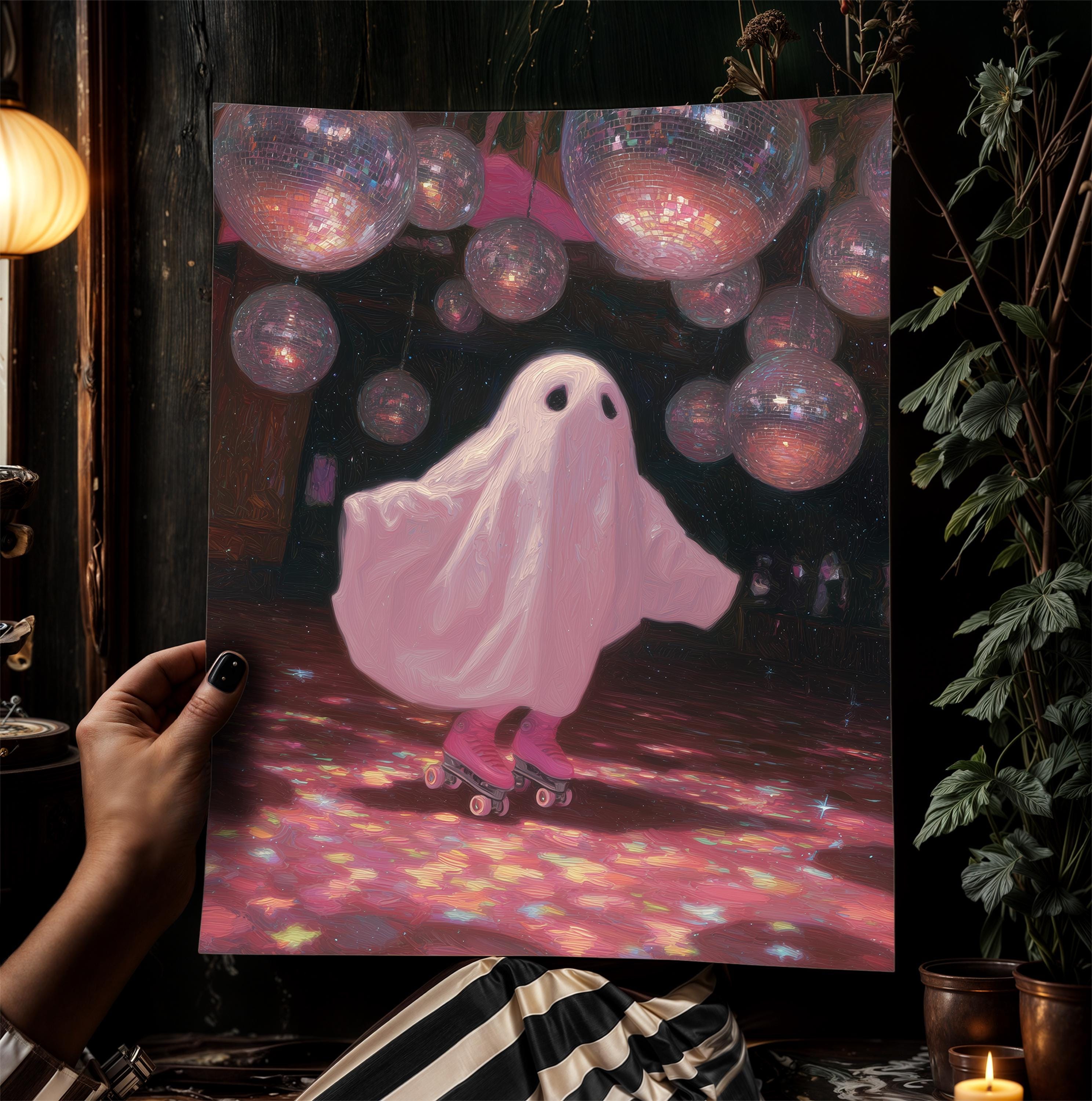 Fun Ghost Poster Funny Ghost Poster, Cute Pink Disco Ghost on Roller Skates, Gothic ...