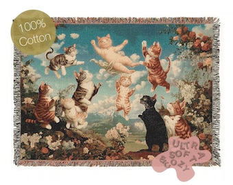 Vintage Cat Cherubs Woven Tapestry | Whimsical Decorative Woven Tapestry | Retro Art Nouveau-Inspired Cat Throw Blanket