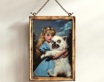 Whimsical Creepy Girl Holding Ugly Dog Painting, Digital Download, Victorian Whimsigoth Decor, Dark Academia Wall Art, Weird Items Gift