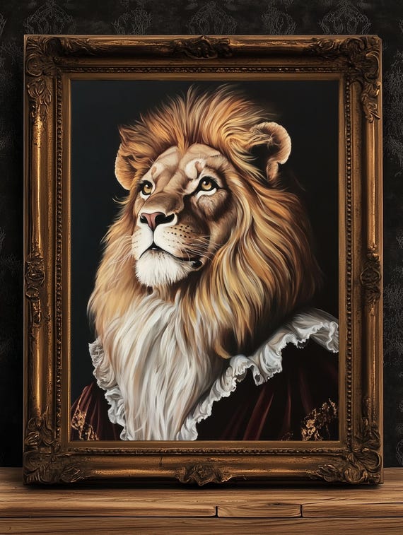 Gothic Lion Portrait, Dark Academia Wall Decor, Funny Royal Pet