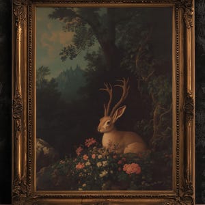 Floral Moody Jackalope Art Print, Surreal Hare Hybrid Wall Decor, Mystical Forest Animal Portrait, Folklore Cryptid Fairycore Wall Art