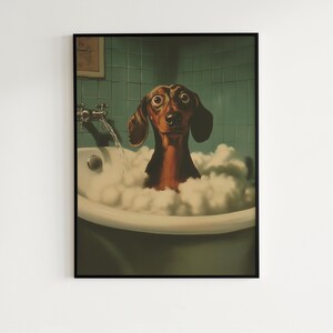 dopamine decor, bathroom decor, trendy wall art, dachshund gift, dog lover gift, whimsical bathroom, dachshund poster, small poster, sausage dog, dog grooming, dog groomer gifts, veterinarian gift, weiner dog