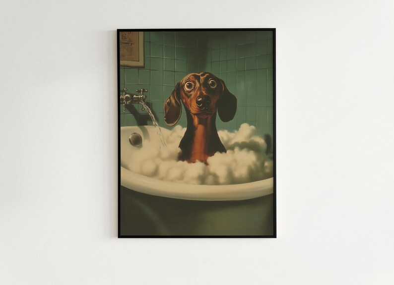 dopamine decor, bathroom decor, trendy wall art, dachshund gift, dog lover gift, whimsical bathroom, dachshund poster, small poster, sausage dog, dog grooming, dog groomer gifts, veterinarian gift, weiner dog
