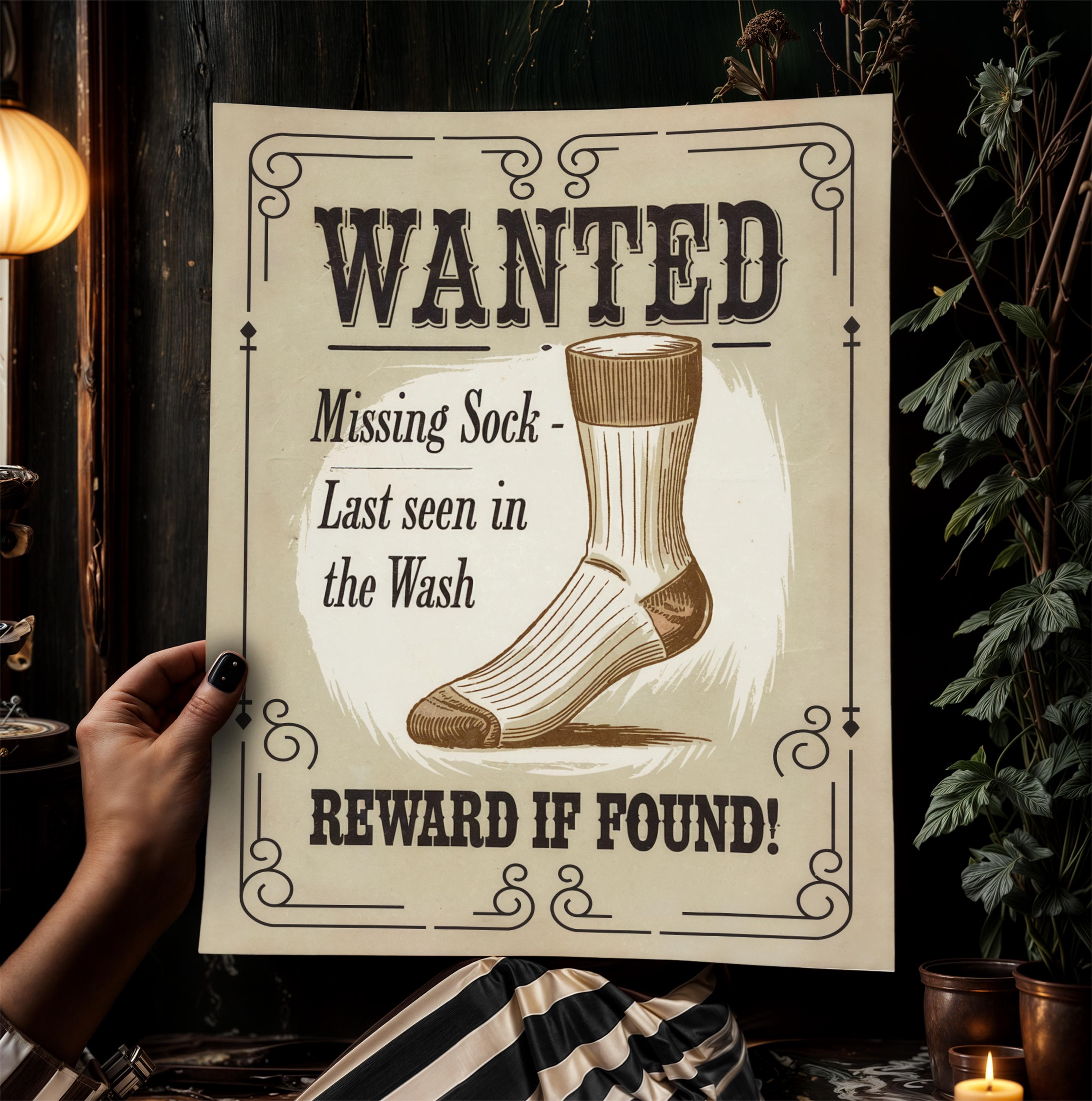 Funny Lost Sock Poster, Vintage Laundry Room Sign, Western Wanted Sign ...