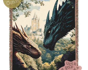 Dragon Woven Blanket,  Fantasy Castle Medieval Large Wall Tapestry, Castlecore Dragon Art Throw, Gothic Bedroom or Couch Decor