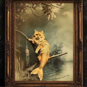 Cat Mermaid Print, Vintage Gothic Purrmaid, Dark Academia Wall Art