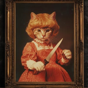 Creepy Cute Cat Knife Portrait, Funny Cat Wall Decor, Weirdcore Gift, Quirky Weirdcore, Whimsical Orange Cat Art Print