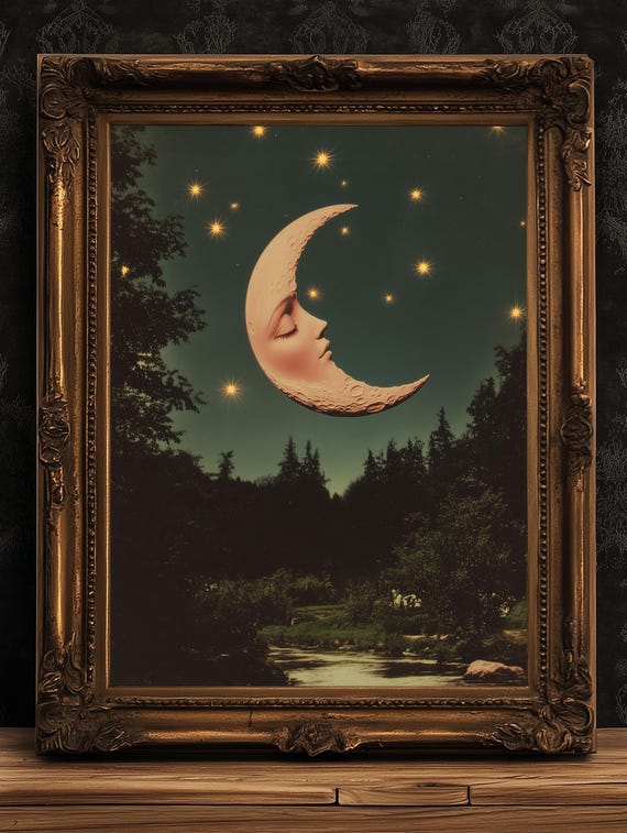 「MOON.」CLARITY ART Whimsical Crescent Moon Face Art Print, Vintage Dreamcore