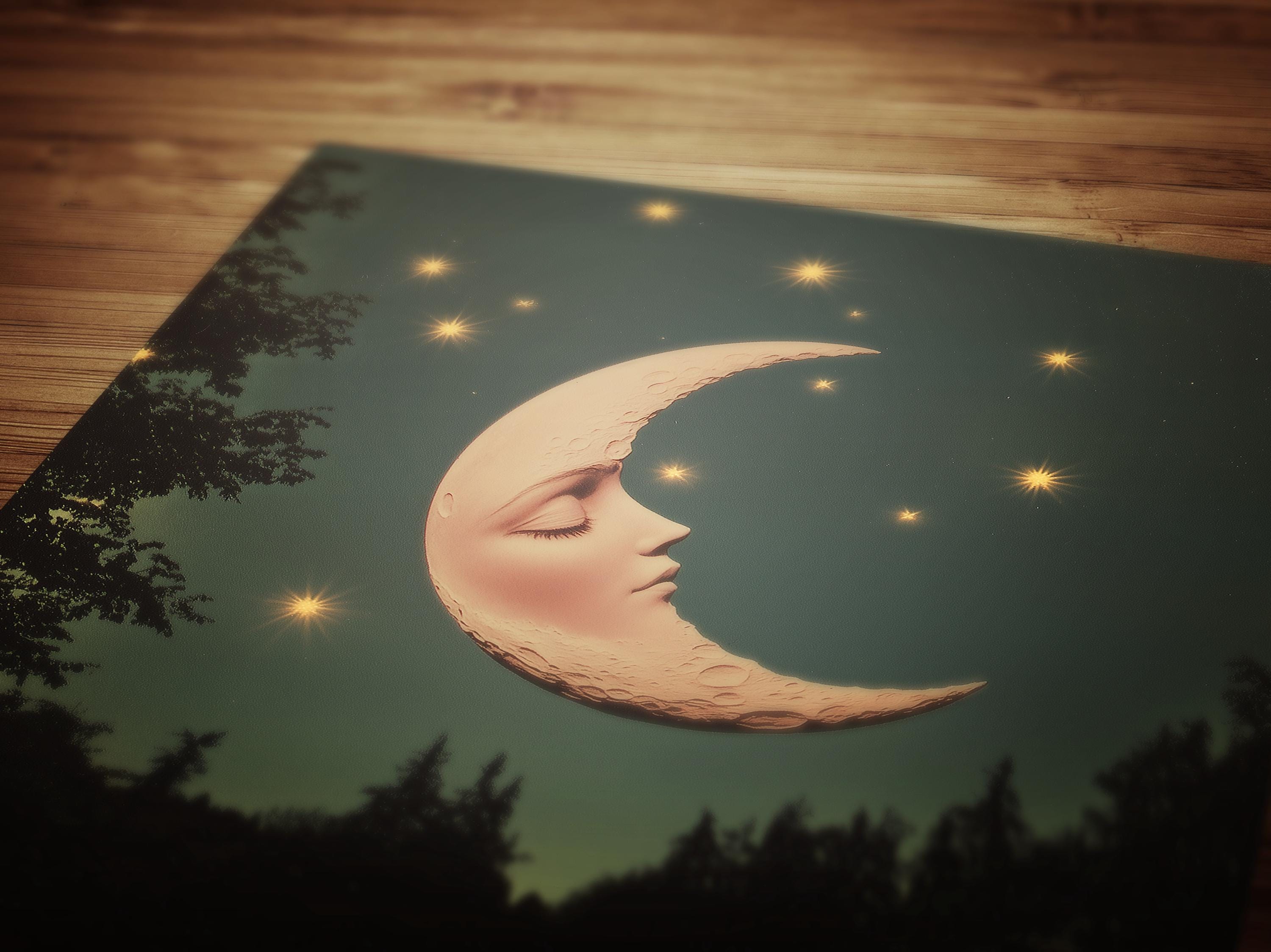 Whimsical Crescent Moon Face Art Print, Vintage Dreamcore