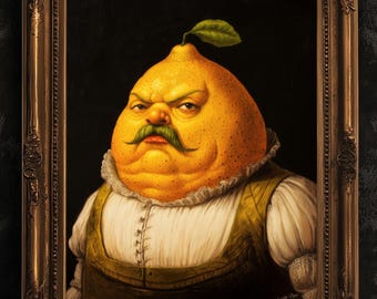 Lemon Print Poster, Antique Citrus Fruit Art Print, Renaissance Food Portrait, Surreal Still Life Painting, Quirky Weird Kitchen Decor