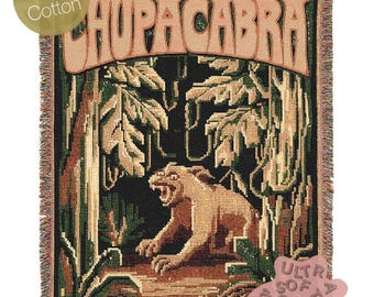 Chupacabra Jacquard Woven Blanket, Retro Cross Stitch Inspired Cryptid Throw Tapestry, Spooky Monster Decor, Cryptozoology Gift