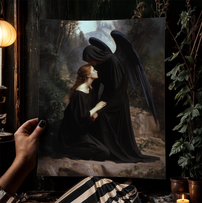 Angel of Death and Woman, Gothic Art Print, Dark Romantic Wall Decor ...