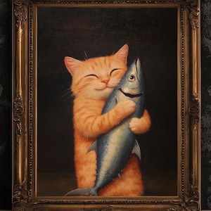 Cute Cat Art Painting, Funny Orange Tabby Feline Print Poster, Cat Lovers Gift & Wall Decor, Adorable Kitty Holding Fish, Playful Pet Gift