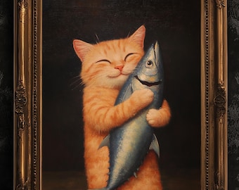 Cuadro artístico de un gato adorable, póster con estampado de un felino atigrado naranja, regalo y decoración de pared para amantes de los gatos, adorable gatito con un pez, regalo juguetón para mascotas.