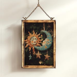 dark academia, dark cottagecore, whimsigoth decor, fairycore decor, witch painting, moon art, whimsical decor, whimsical wallpaper, 90s celestial sun, sun and moon print, best selling items, celestial decor, tarot art print