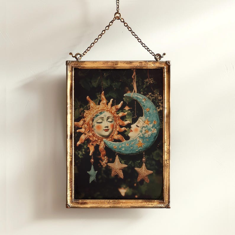 dark academia, dark cottagecore, whimsigoth decor, fairycore decor, witch painting, moon art, whimsical decor, whimsical wallpaper, 90s celestial sun, sun and moon print, best selling items, celestial decor, tarot art print