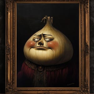 Affiche d'oignons qui pleure, impression d'art de légumes anciens, portrait de cuisine Renaissance, nature morte surréaliste, décoration de cuisine originale