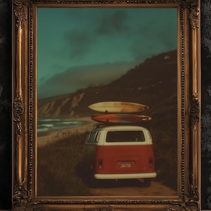 Camper Van Surfboard Wall Art, Surfboard Beach Ocean, Beachy Wall Art, Moody Modern Art Coastal Room Decor, Surf Wall Art, Surfing Print