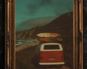 Camper Van Surfboard Wall Art, Surfboard Beach Ocean, Beachy Wall Art, Moody Modern Art Coastal Room Decor, Surf Wall Art, Surfing Print