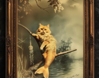 The Cat Mermaid, The Rare Catfish, Purrmaid Print, Vintage Victorian Gothic photograph, Cute Weird items Gift Wall Art, Dark Academia Decor