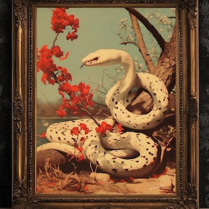 Vintage White Snake Wall Art Print, Albino Serpent Python Poster with Floral Accents, Gothic Dark Academia Aesthetic Room Decor, 新年快乐
