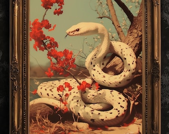 Vintage White Snake Wall Art Print, Albino Serpent Python Poster with Floral Accents, Gothic Dark Academia Aesthetic Room Decor, 新年快乐