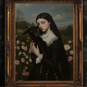 Mulher gótica segurando cabra preta, bebê Phillip preto, decoração de parede Whimsigoth Dark Baphomet Cottagecore, impressão de arte de pintura de bruxa, presente para ela
