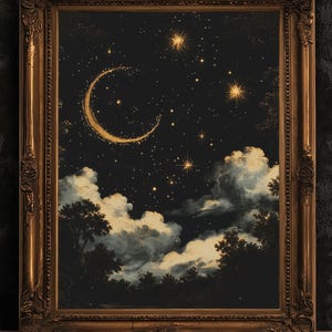 Mond und Sterne Celestial Wandkunst, Whimsigoth Mond Phase Poster, Dark Academia Witchy Mond Dekor, Vintage Sternenhimmel Bewölkte Nacht Print