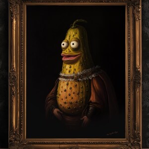 Weird Pickle Poster, Antique Vegetables Art Print, Renaissance Food Portrait, Surreal Still Life Painting, Weirdcore Funny Kitchen Decor