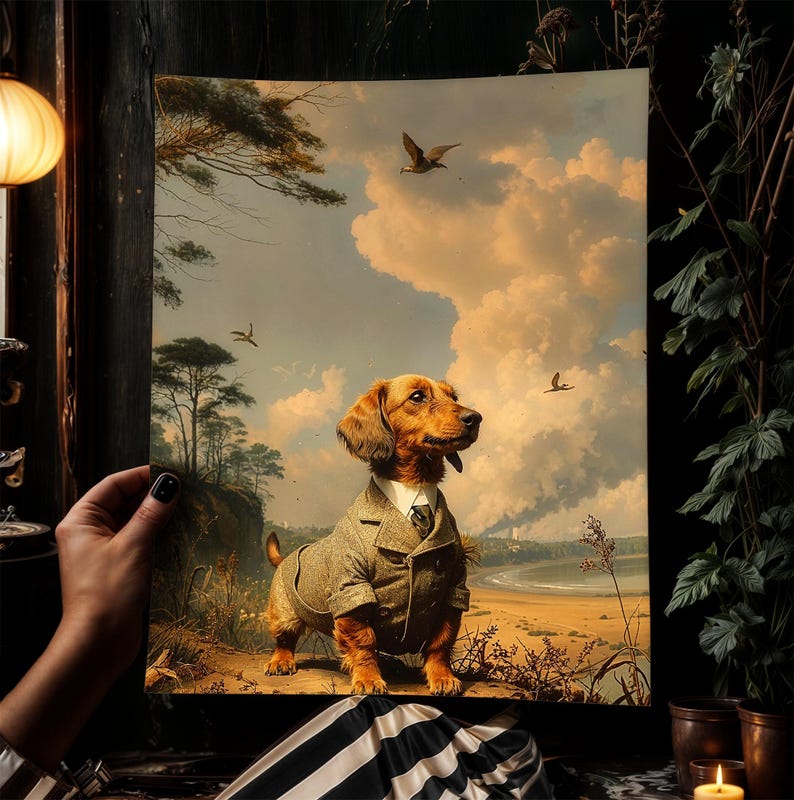 dog wall art, surreal art, wiener dog, poster puppy print, sausage dog, goth pet poster, whimsy animal art, retro bathroom decor, puppy lover gift, vintage animal art, dog wall poster, weird stuff, daschund poster