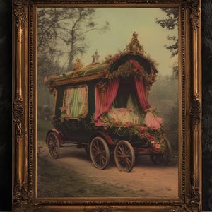 Art victorien de caravane tsigane rose, déco Witchy Vanlifers vintage, impression déco fantaisie, déco académique sombre, affiche de conte de fées gothique