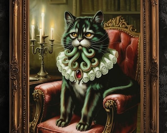 Cathulhu Poster, Whimsigoth Decor, Vintage Gothic Black Cat Wall Art, Weirdcore Cat Lovers Gift, Quirky Cat Print, Lovecraft Cthulhu Art