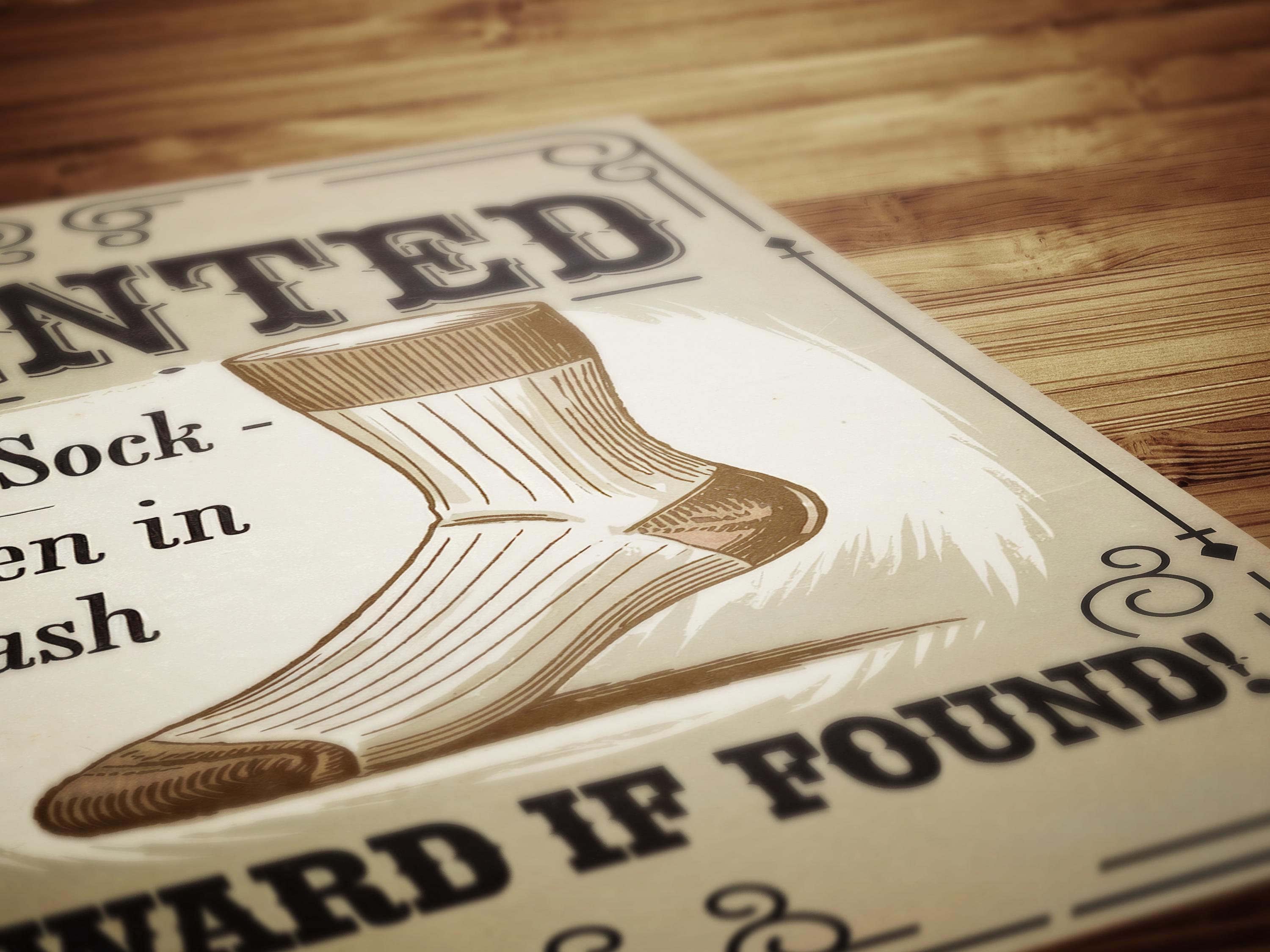 Funny Lost Sock Poster, Vintage Laundry Room Sign, Western Wanted Sign ...