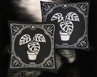 Monstera Adansonii Throw Pillow, Plant Lover Gift, Gothic Carnivorous Plant Cushion for Whimsigoth, Nature And Botanical Dark Academia Decor