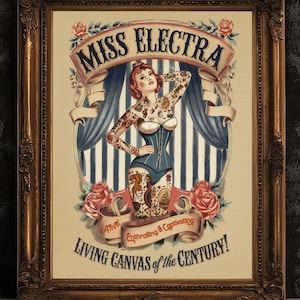 Circus Sideshow Tattooed Lady, Vintage Circus Wall Art, Whimsigoth Decor, Freakshow, Side show Print, Oddities & Curiosities Poster