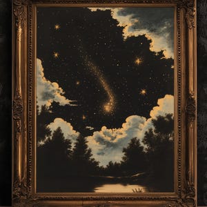 Lámina artística de cielo nocturno celestial, póster de cielo estrellado de Whimsigoth, arte mural de brujas, paisaje vintage con estrellas y nubes, decoración de Dark Academia