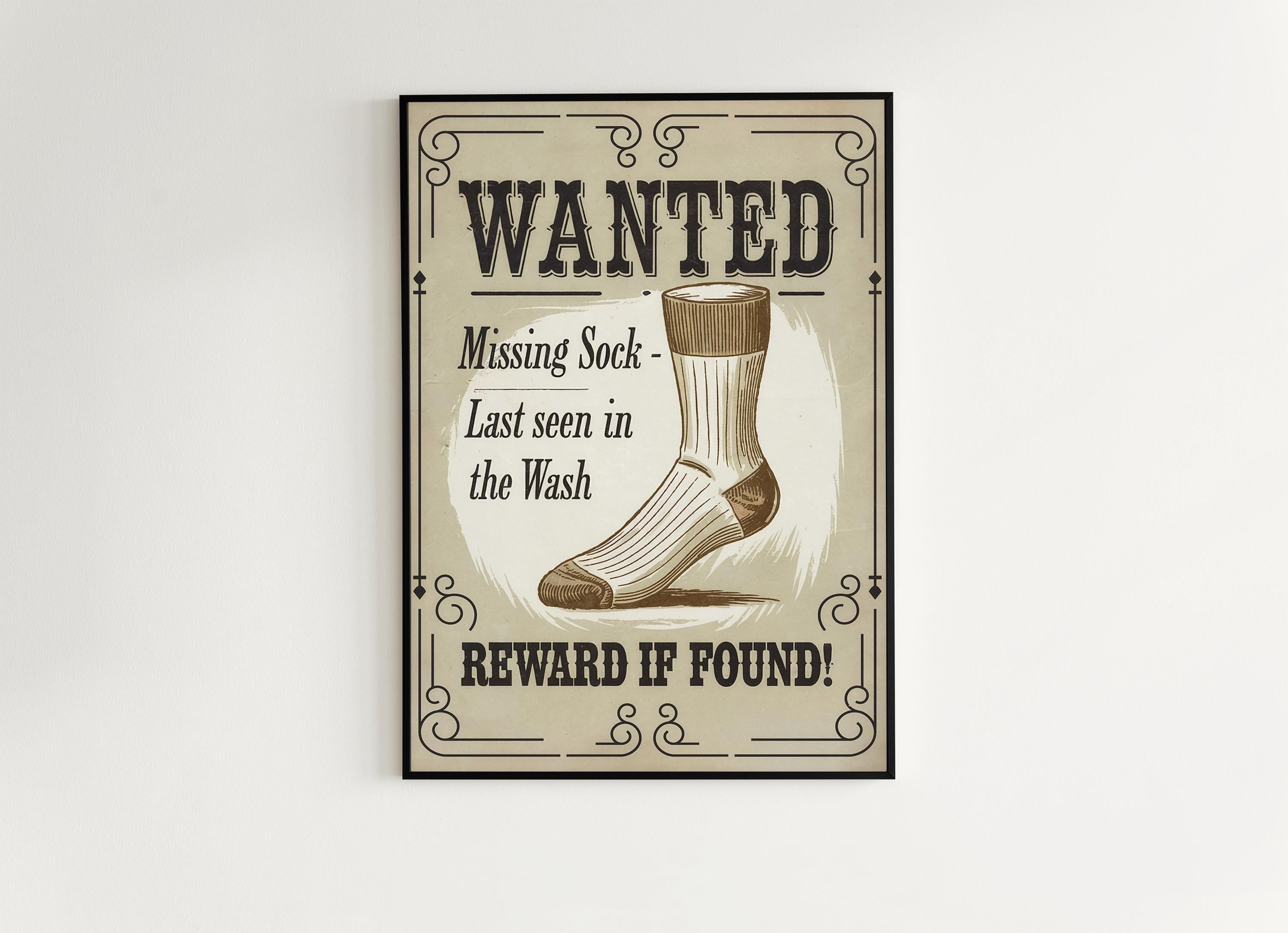 Funny Lost Sock Poster, Vintage Laundry Room Sign, Western Wanted Sign ...