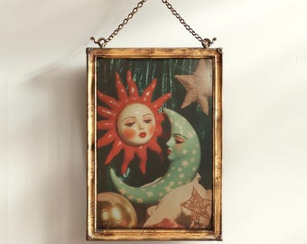 Celestial Sun And Crescent Moon Print, Digital Download, 90s Whimsigoth Decor, Whimsical Celestial Magical Home Decor, Sun Moon Poster